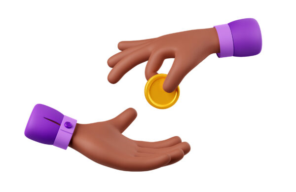 3D African American hands giving and taking golden coin isolated on white background. Illustration of character making charity donation, paying for service giving tips, receiving payment in cash