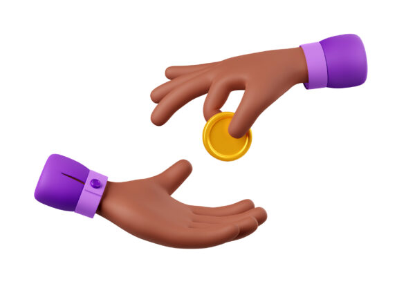 3D African American hand giving golden coin 3D African American hands giving and taking golden coin isolated on white background. Illustration of character making charity donation, paying for service giving tips, receiving payment in cash